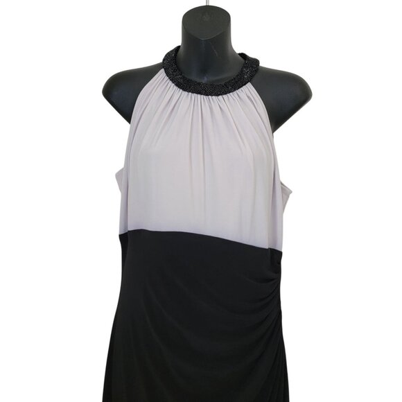LAUREN Ralph Lauren Evening Black/White Maxi Halter Dress Beaded Neckline Sz 10 - Picture 3 of 9
